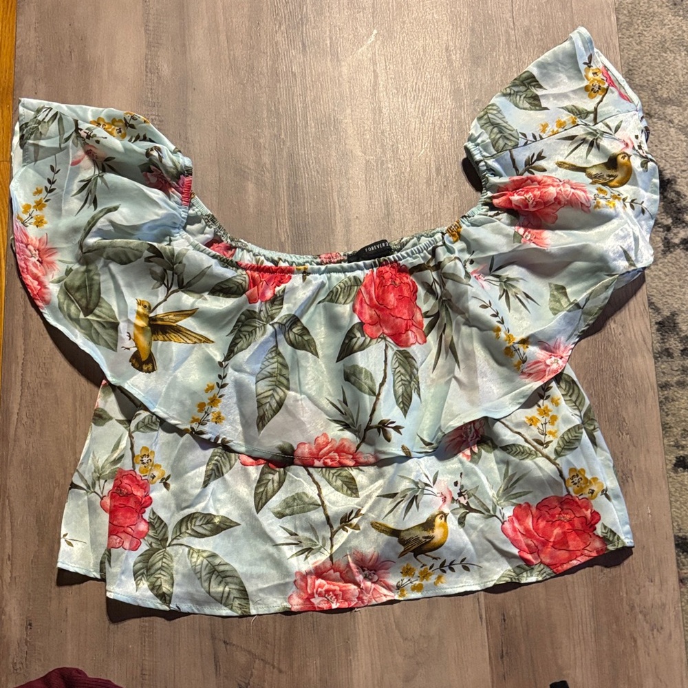 Forever 21 Floral Off-Shoulder Crop Top - Red and Green